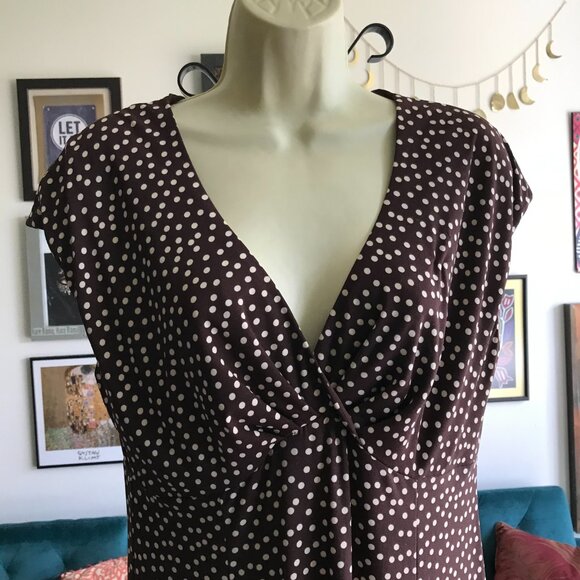 JONES WEAR size 12 Brown & Beige Polka Dot Crossover Bust Jersey Dress - Picture 2 of 4
